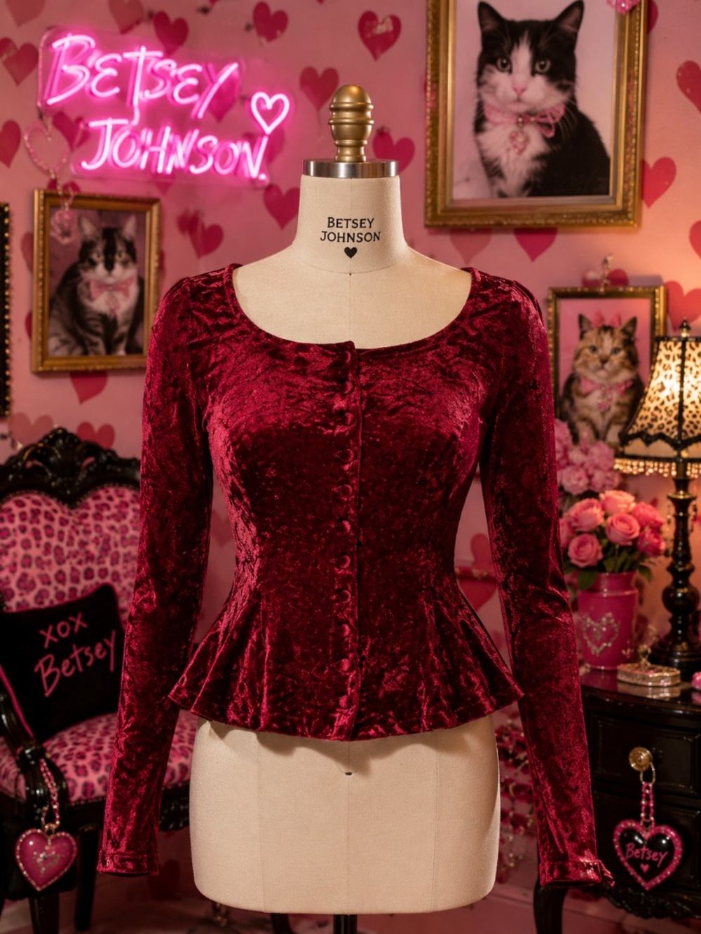 Vintage Betsey Johnson Women's Velvet Peplum Top in Deep Red